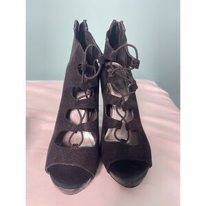 Jennifer Lopez gladiator Lace-Up PEEP Toe Heel Black SUEDE Sandals Size 8 S-285